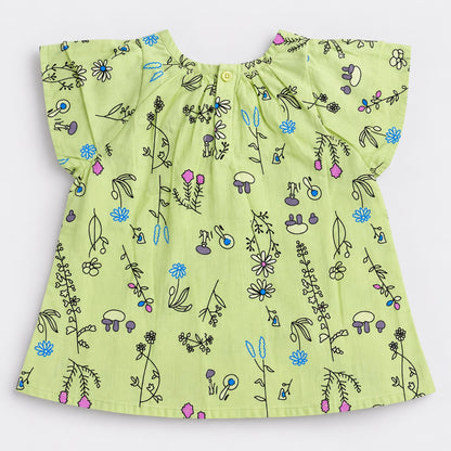 The Magic Wand Woven Cap Sleeves Botanical Printed Smocked Top- Green