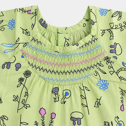 The Magic Wand Woven Cap Sleeves Botanical Printed Smocked Top- Green