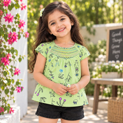 The Magic Wand Woven Cap Sleeves Botanical Printed Smocked Top- Green