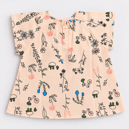 The Magic Wand Woven Cap Sleeves Botanical Printed Smocked Top- Peach