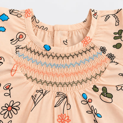 The Magic Wand Woven Cap Sleeves Botanical Printed Smocked Top- Peach