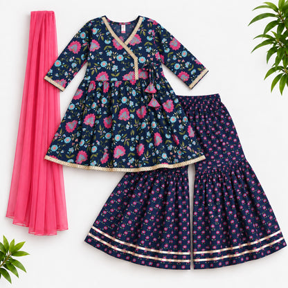 The Magic Wand Cotton Woven Three-Fourth Sleeves Floral Printed Tassel Detailed Kurti And Sharara Set With Dupatta-Navy Blue