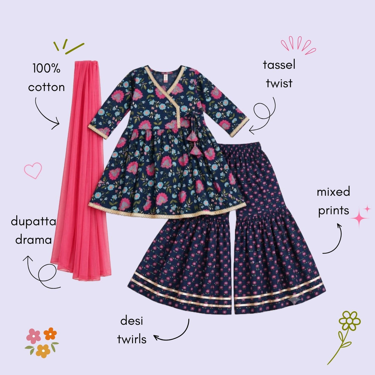 The Magic Wand Cotton Woven Three-Fourth Sleeves Floral Printed Tassel Detailed Kurti And Sharara Set With Dupatta-Navy Blue