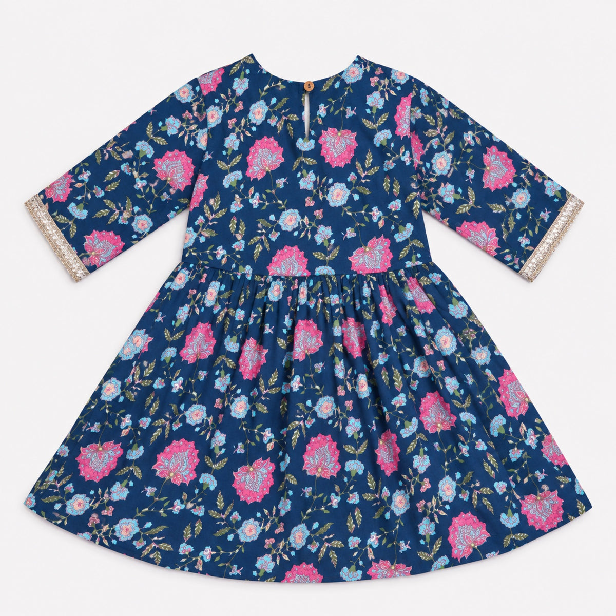 The Magic Wand Cotton Woven Three-Fourth Sleeves Floral Printed Tassel Detailed Kurti And Sharara Set With Dupatta-Navy Blue