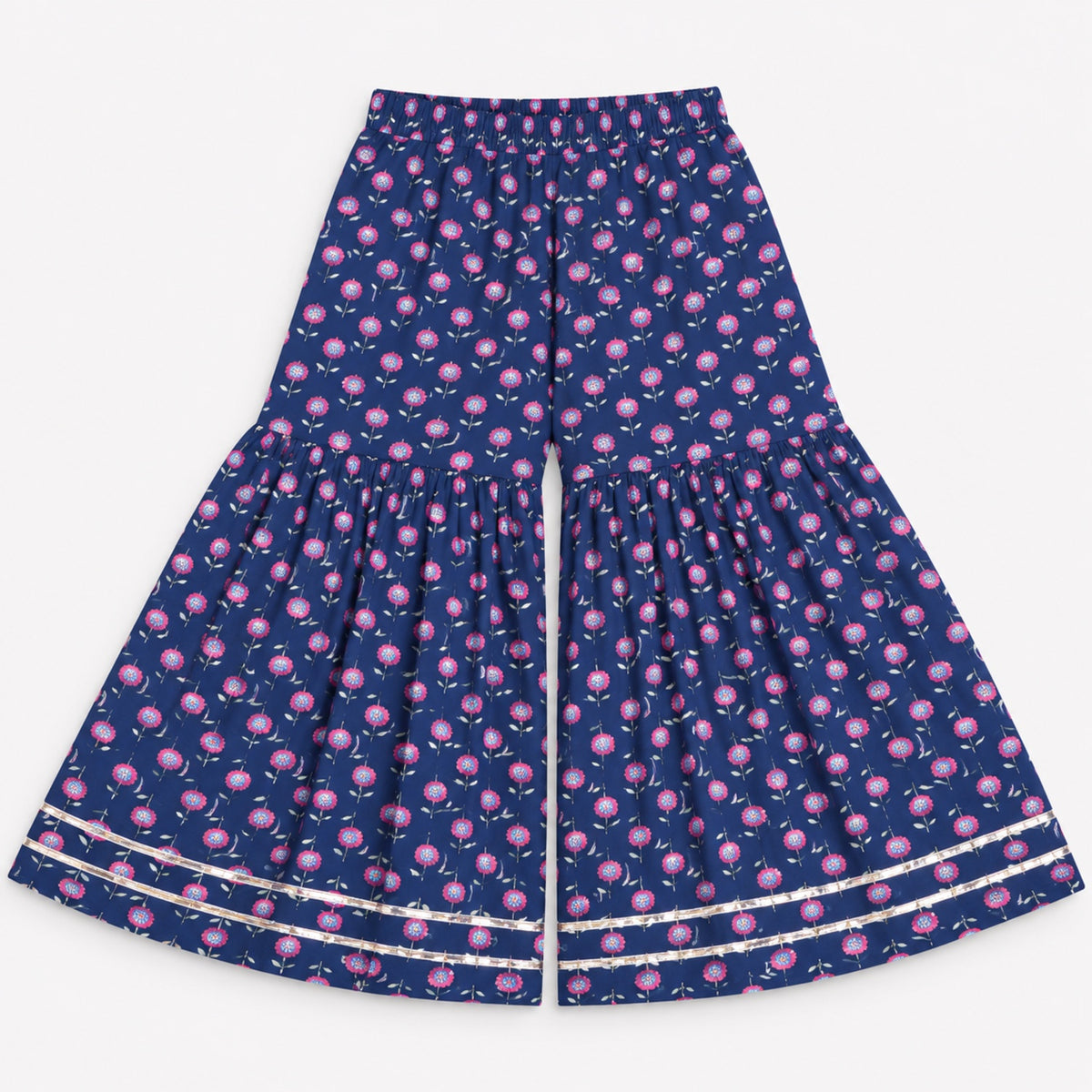 The Magic Wand Cotton Woven Three-Fourth Sleeves Floral Printed Tassel Detailed Kurti And Sharara Set With Dupatta-Navy Blue