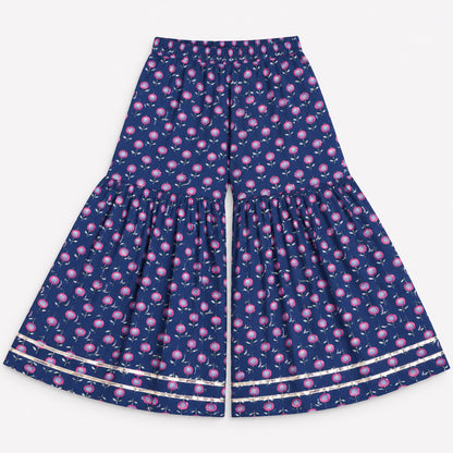 The Magic Wand Cotton Woven Three-Fourth Sleeves Floral Printed Tassel Detailed Kurti And Sharara Set With Dupatta-Navy Blue
