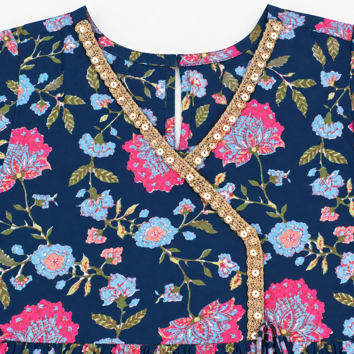 The Magic Wand Cotton Woven Three-Fourth Sleeves Floral Printed Tassel Detailed Kurti And Sharara Set With Dupatta-Navy Blue