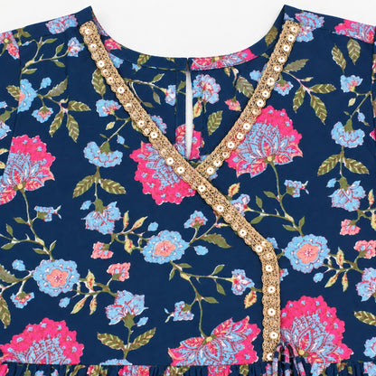 The Magic Wand Cotton Woven Three-Fourth Sleeves Floral Printed Tassel Detailed Kurti And Sharara Set With Dupatta-Navy Blue