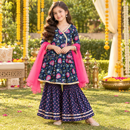 The Magic Wand Cotton Woven Three-Fourth Sleeves Floral Printed Tassel Detailed Kurti And Sharara Set With Dupatta-Navy Blue