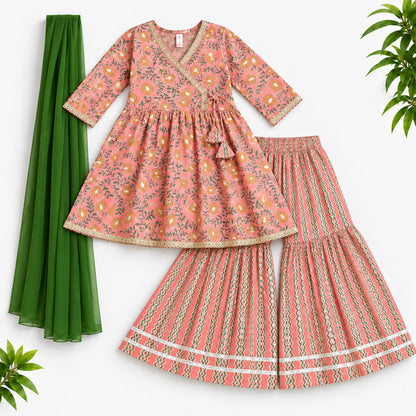 The Magic Wand Cotton Woven Three-Fourth Sleeves Floral Printed Tassel Detailed Kurti And Sharara Set With Dupatta-Peach