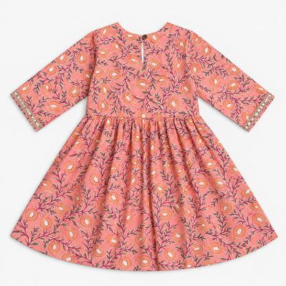 The Magic Wand Cotton Woven Three-Fourth Sleeves Floral Printed Tassel Detailed Kurti And Sharara Set With Dupatta-Peach