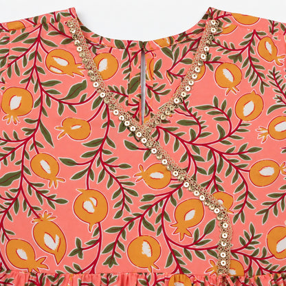 The Magic Wand Cotton Woven Three-Fourth Sleeves Floral Printed Tassel Detailed Kurti And Sharara Set With Dupatta-Peach