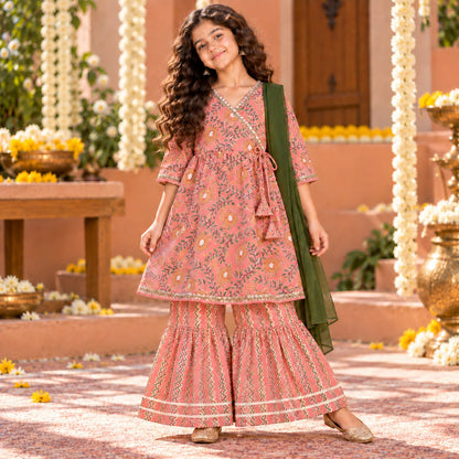 The Magic Wand Cotton Woven Three-Fourth Sleeves Floral Printed Tassel Detailed Kurti And Sharara Set With Dupatta-Peach