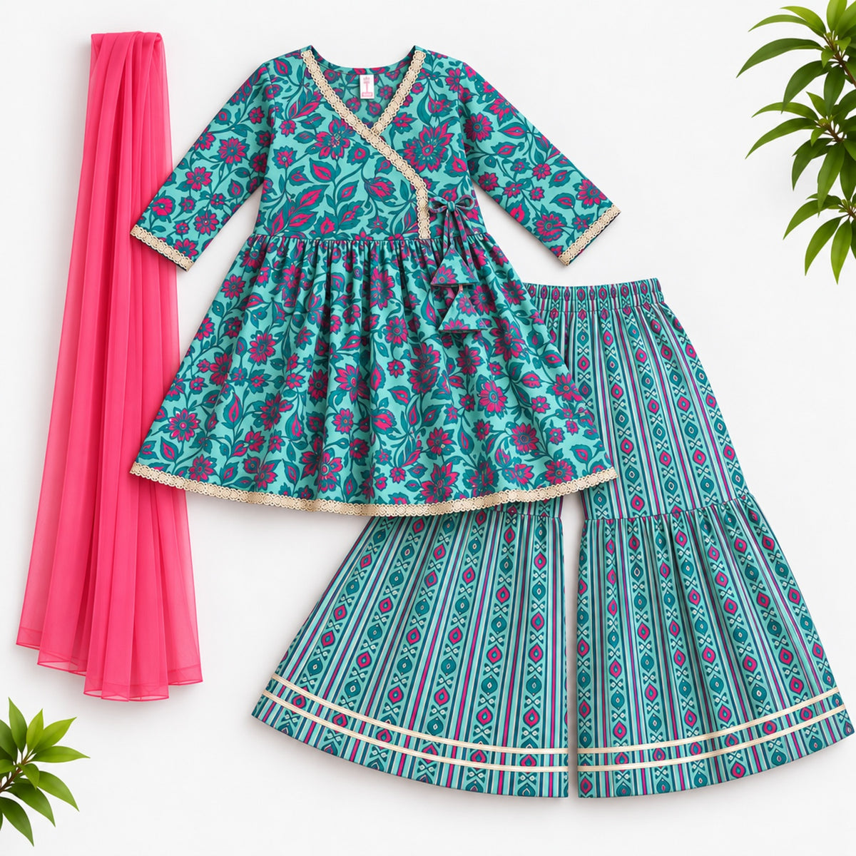 The Magic Wand Cotton Woven Three-Fourth Sleeves Floral Printed Tassel Detailed Kurti And Striped Sharara Set With Dupatta-Sea Green