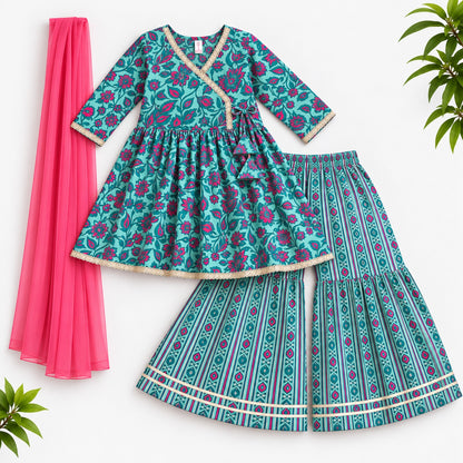 The Magic Wand Cotton Woven Three-Fourth Sleeves Floral Printed Tassel Detailed Kurti And Striped Sharara Set With Dupatta-Sea Green
