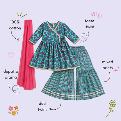 The Magic Wand Cotton Woven Three-Fourth Sleeves Floral Printed Tassel Detailed Kurti And Striped Sharara Set With Dupatta-Sea Green