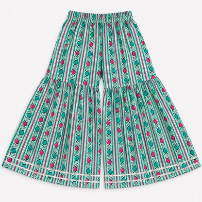 The Magic Wand Cotton Woven Three-Fourth Sleeves Floral Printed Tassel Detailed Kurti And Striped Sharara Set With Dupatta-Sea Green
