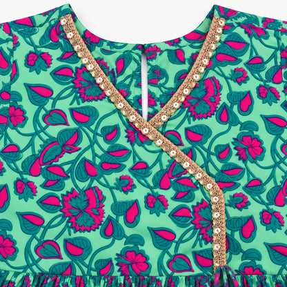 The Magic Wand Cotton Woven Three-Fourth Sleeves Floral Printed Tassel Detailed Kurti And Striped Sharara Set With Dupatta-Sea Green