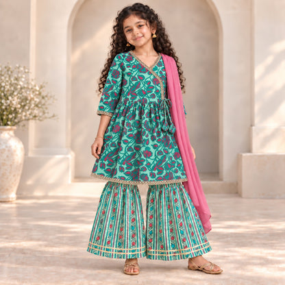 The Magic Wand Cotton Woven Three-Fourth Sleeves Floral Printed Tassel Detailed Kurti And Striped Sharara Set With Dupatta-Sea Green