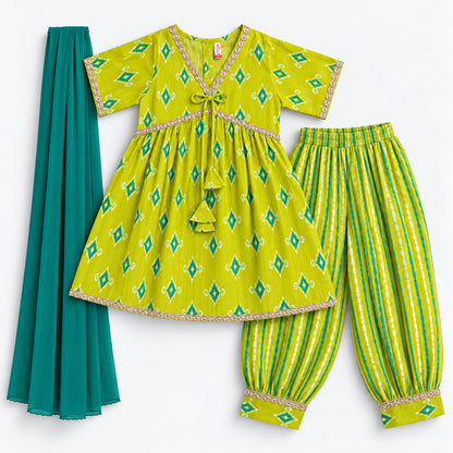 The Magic Wand Cotton Woven Three-Fourth Sleeves Ikat Printed Tassel Detailed Kurti And Afghani Pant Set With Dupatta- Green