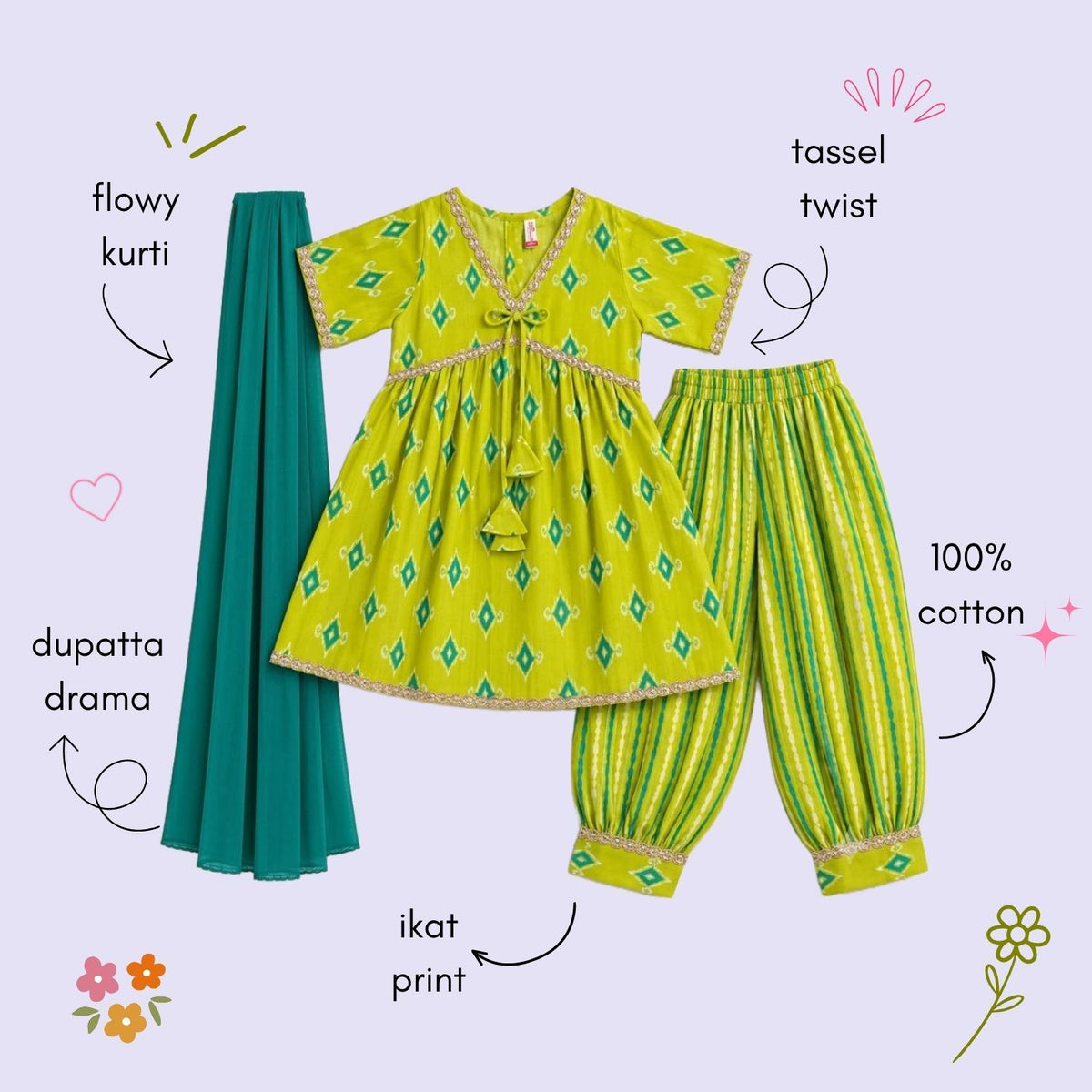 The Magic Wand Cotton Woven Three-Fourth Sleeves Ikat Printed Tassel Detailed Kurti And Afghani Pant Set With Dupatta- Green