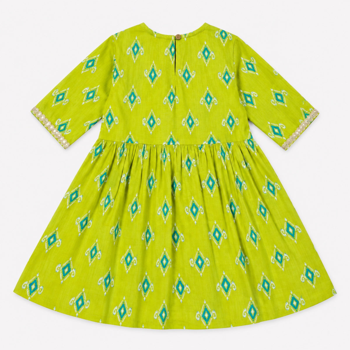 The Magic Wand Cotton Woven Three-Fourth Sleeves Ikat Printed Tassel Detailed Kurti And Afghani Pant Set With Dupatta- Green