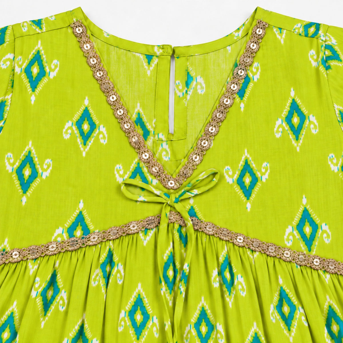 The Magic Wand Cotton Woven Three-Fourth Sleeves Ikat Printed Tassel Detailed Kurti And Afghani Pant Set With Dupatta- Green