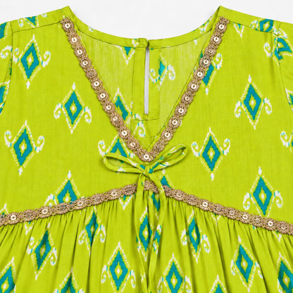 The Magic Wand Cotton Woven Three-Fourth Sleeves Ikat Printed Tassel Detailed Kurti And Afghani Pant Set With Dupatta- Green