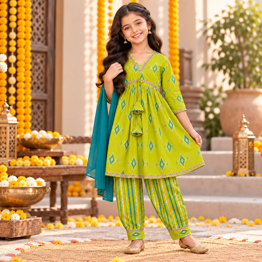 The Magic Wand Cotton Woven Three-Fourth Sleeves Ikat Printed Tassel Detailed Kurti And Afghani Pant Set With Dupatta- Green