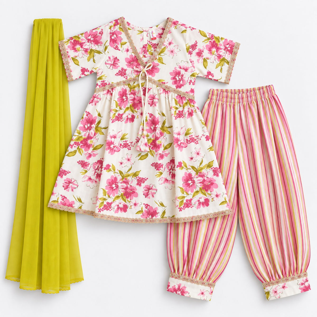 The Magic Wand Cotton Woven Three-Fourth Sleeves Floral Printed Tassel Detailed Kurti And Afghani Pant Set With Dupatta- Off White