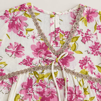 The Magic Wand Cotton Woven Three-Fourth Sleeves Floral Printed Tassel Detailed Kurti And Afghani Pant Set With Dupatta- Off White
