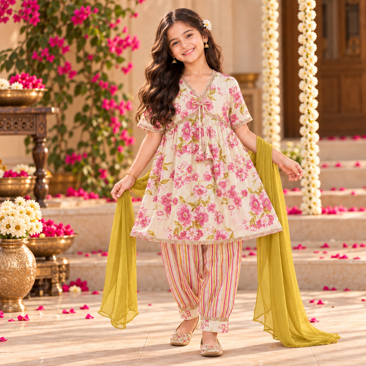 The Magic Wand Cotton Woven Three-Fourth Sleeves Floral Printed Tassel Detailed Kurti And Afghani Pant Set With Dupatta- Off White