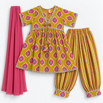 The Magic Wand Cotton Woven Three-Fourth Sleeves Ikat Printed Tassel Detailed  Kurti And Afghani Pant Set With Dupatta-Mustard