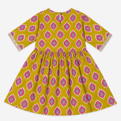 The Magic Wand Cotton Woven Three-Fourth Sleeves Ikat Printed Tassel Detailed  Kurti And Afghani Pant Set With Dupatta-Mustard