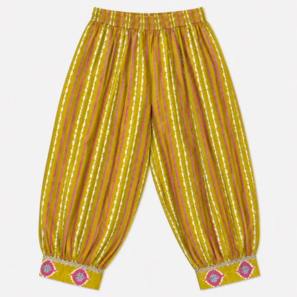 The Magic Wand Cotton Woven Three-Fourth Sleeves Ikat Printed Tassel Detailed  Kurti And Afghani Pant Set With Dupatta-Mustard