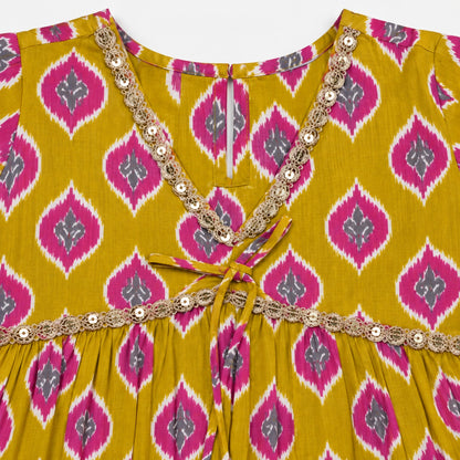 The Magic Wand Cotton Woven Three-Fourth Sleeves Ikat Printed Tassel Detailed  Kurti And Afghani Pant Set With Dupatta-Mustard