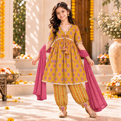 The Magic Wand Cotton Woven Three-Fourth Sleeves Ikat Printed Tassel Detailed  Kurti And Afghani Pant Set With Dupatta-Mustard