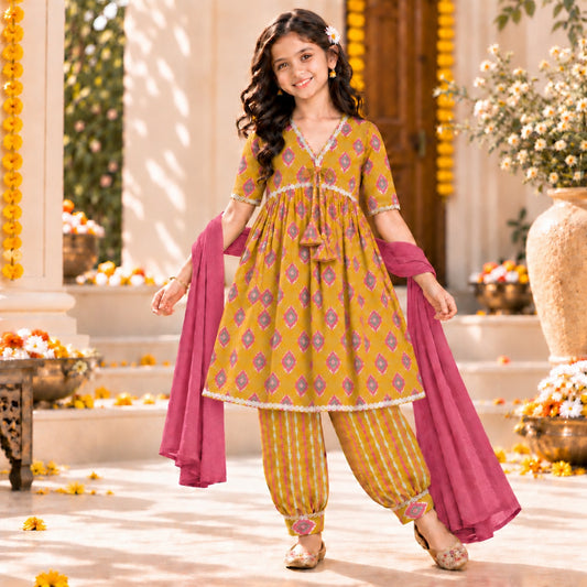 The Magic Wand Cotton Woven Three-Fourth Sleeves Ikat Printed Tassel Detailed  Kurti And Afghani Pant Set With Dupatta-Mustard
