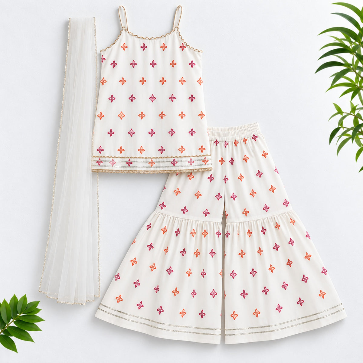The Magic Wand Woven Chanderi Sleeveless Zari Butti Kurti And Sharara Set With Dupatta-White