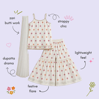 The Magic Wand Woven Chanderi Sleeveless Zari Butti Kurti And Sharara Set With Dupatta-White