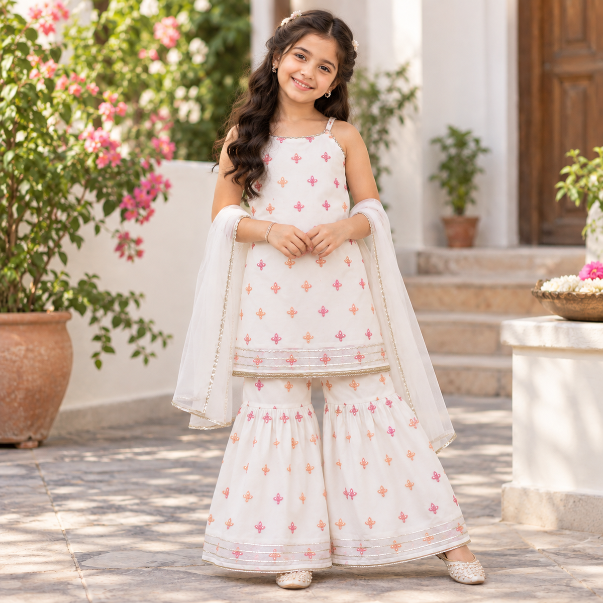 The Magic Wand Woven Chanderi Sleeveless Zari Butti Kurti And Sharara Set With Dupatta-White