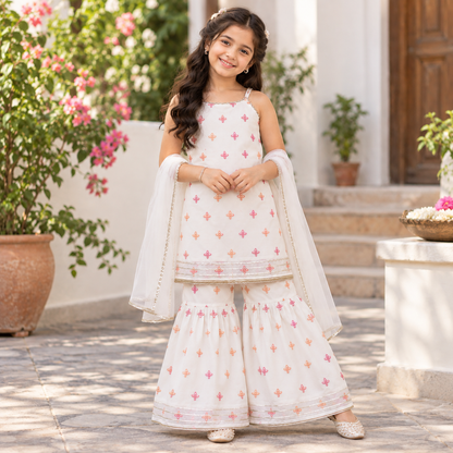 The Magic Wand Woven Chanderi Sleeveless Zari Butti Kurti And Sharara Set With Dupatta-White