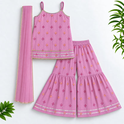 The Magic Wand Woven Chanderi Sleeveless Zari Butti Kurti And Sharara Set With Dupatta-Pink