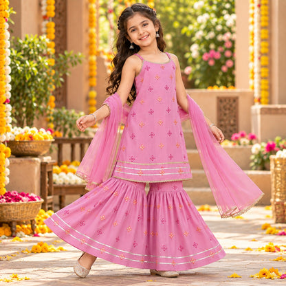 The Magic Wand Woven Chanderi Sleeveless Zari Butti Kurti And Sharara Set With Dupatta-Pink