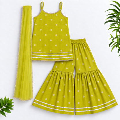 The Magic Wand Woven Chanderi Sleeveless Zari Butti Kurti And Sharara Set With Dupatta-Green
