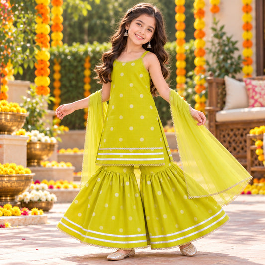 The Magic Wand Woven Chanderi Sleeveless Zari Butti Kurti And Sharara Set With Dupatta-Green
