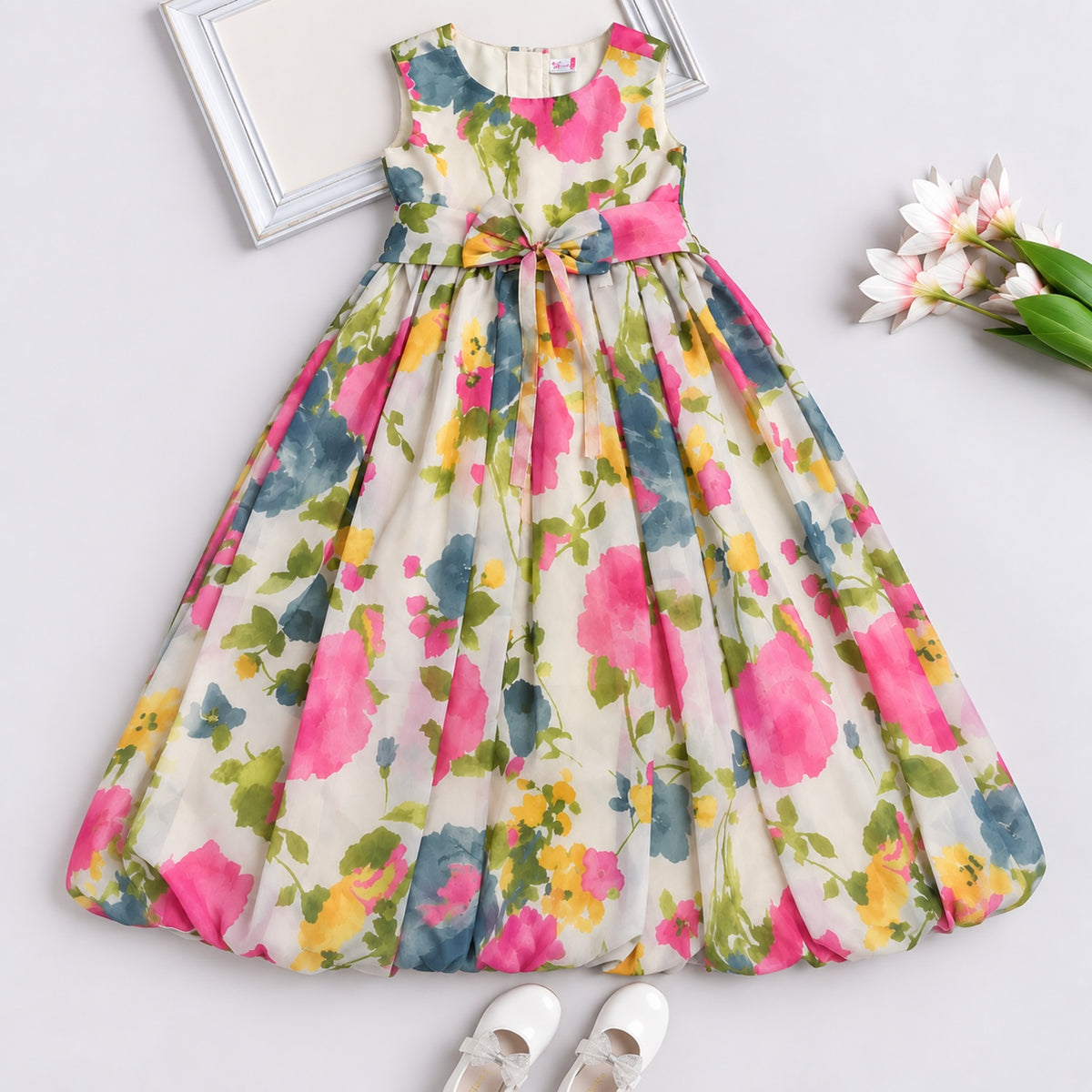 The Magic Wand Woven Sleeveless Floral Digital Printed Waist Bow Party Gown -  Ivory