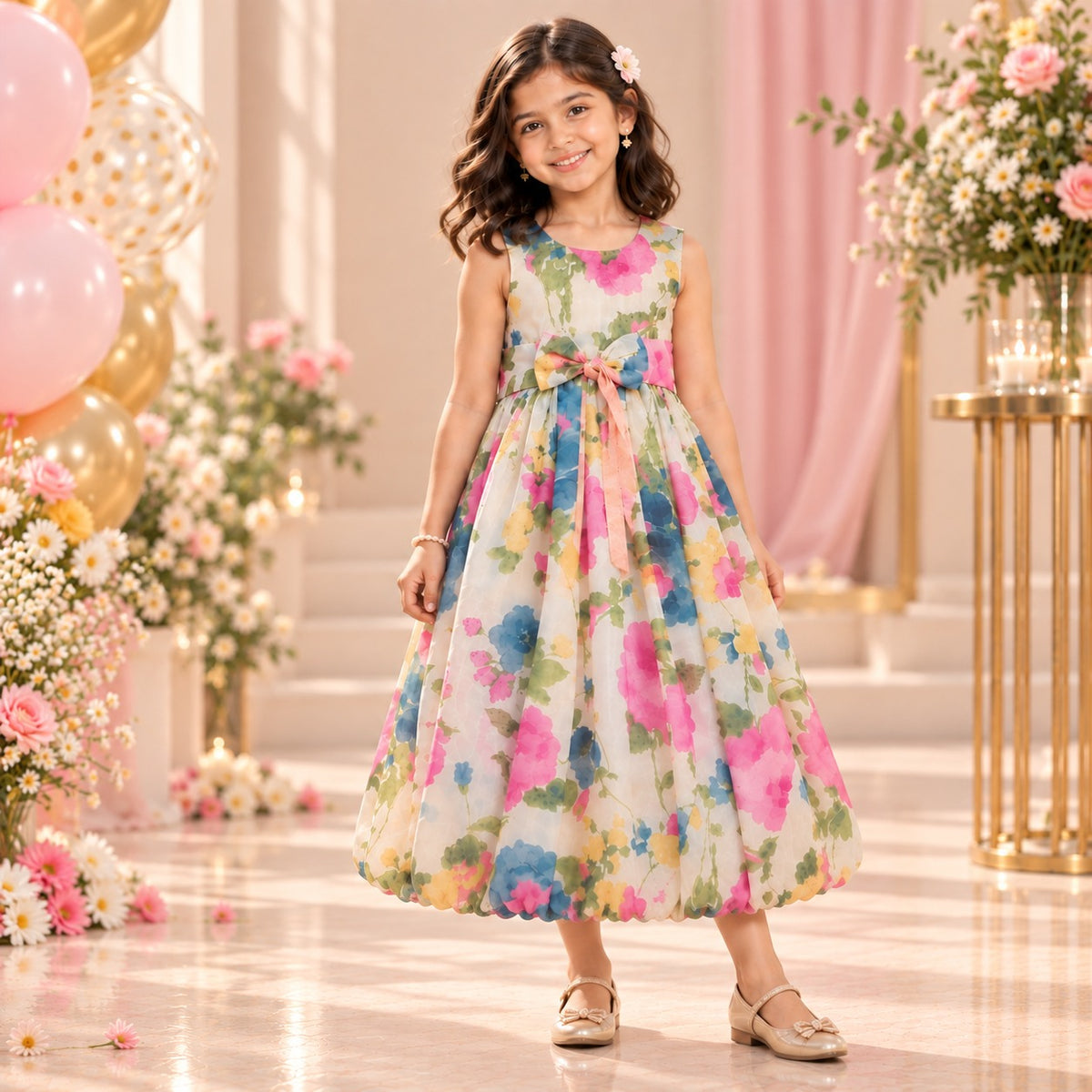 The Magic Wand Woven Sleeveless Floral Digital Printed Waist Bow Party Gown -  Ivory