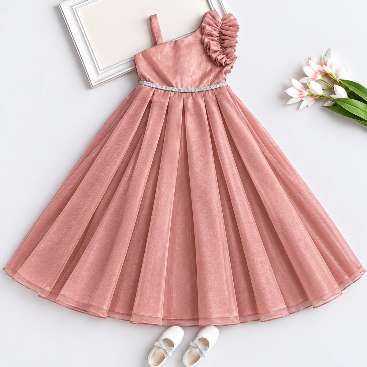 The Magic Wand Woven Sleeveless Statement Floral Flared Party Gown - Pink