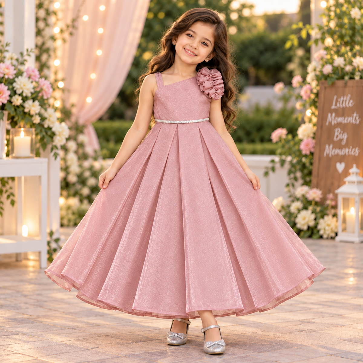 The Magic Wand Woven Sleeveless Statement Floral Flared Party Gown - Pink